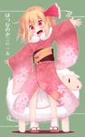  :d alternate_costume blonde_hair blush fang hair_ribbon highres japanese_clothes kimono looking_at_viewer new_year obi open_mouth outstretched_arms razy_(skuroko) red_eyes ribbon rumia sandals sash sheep short_hair simple_background smile solo tabi touhou translation_request white_legwear 