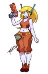  android ankle_boots belt blonde_hair boots breasts commentary curly_brace doukutsu_monogatari english_commentary full_body gun handgun long_hair midriff navel parody robert_porter robot_ears robot_joints rockman rockman_dash shorts small_breasts solo style_parody weapon white_skin 