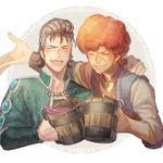  afro beer_mug black_hair capelet closed_eyes cup favaro_leone friends fujino_ko hair_ornament hairclip holding holding_cup kaisar_lidfald lowres multiple_boys pompadour red_hair scar shingeki_no_bahamut shingeki_no_bahamut:_genesis short_hair smile 