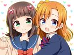  :d amami_haruka blazer blue_eyes blush brown_hair cardigan crossover green_eyes hug idolmaster idolmaster_(classic) jacket kousaka_honoka love_live! love_live!_school_idol_project multiple_girls open_mouth otonokizaka_school_uniform school_uniform serafuku smile trait_connection tsukudani_norio 