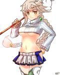  adapted_costume asymmetrical_hair bad_id bad_pixiv_id braid breasts cloud_print cowboy_shot crop_top hand_on_hip hari. kantai_collection long_hair looking_at_viewer lowres medium_breasts midriff pleated_skirt ribbed_sweater silver_hair simple_background single_braid skirt solo sweater thighhighs underboob unryuu_(kantai_collection) very_long_hair wavy_hair yellow_eyes zettai_ryouiki 