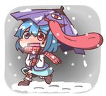  :d blue_hair blush blush_stickers boots chibi feiton heterochromia holding mittens open_mouth scarf short_hair smile snowing solo tatara_kogasa touhou walking 