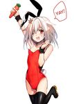  1boy androgynous animal_ears bulge bunny_ears bunny_tail bunnysuit carrot erubo flower hair_flower hair_ornament hard_translated leotard looking_at_viewer male male_focus one_eye_closed open_mouth original red_eyes short_hair silver_hair simple_background smile solo tail thighhighs translated trap white_background wink wrist_cuffs yohane_bonaventura 