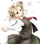  1girl blonde_hair gorilla_(bun0615) hair_ribbon highres long_sleeves looking_at_viewer messy_hair necktie outstretched_arms red_eyes red_neckwear ribbon rumia shirt skirt skirt_set solo spoken_exclamation_mark touhou vest 