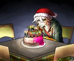  cake candle candlelight chair christmas danganronpa food green_eyes hat komaeda_nagito kotatsu lonely monomi_(danganronpa) santa_hat super_danganronpa_2 table tezurumozuru white_hair 