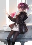  aisha_(elsword) bad_id bad_pixiv_id coat elsword instrument looking_at_viewer musical_note piano purple_eyes purple_hair sketch smile solo swd3e2 void_princess_(elsword) 