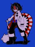  alternate_costume belt black_hair blue_background coat contemporary directional_arrow horns kijin_seija mallet multicolored_hair pants red_eyes red_hair sarashi short_hair smile solo streaked_hair touhou unbuttoned white_hair xkaishaku 