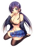  aqua_eyes areolae arm_support black_bra blazer bra breasts breasts_outside clothes_down hand_to_own_mouth jacket kousta_(kousuta) large_breasts licking_hand long_hair looking_at_viewer love_live! love_live!_school_idol_project midriff navel nipples no_panties otonokizaka_school_uniform pleated_skirt purple_hair school_uniform simple_background sitting skirt skirt_removed solo thighhighs toujou_nozomi twintails underwear wariza white_background 