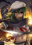  backlighting belt_pouch blood cape commentary_request ebizome eyepatch eyepatch_removed fire green_eyes green_hair hat heterochromia injury kantai_collection kiso_(kantai_collection) midriff navel pouch remodel_(kantai_collection) sailor_collar skirt solo sword torn_clothes water weapon yellow_eyes 