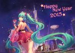  2015 aircraft aqua_eyes aqua_hair atdan bare_shoulders blimp confetti dirigible dress from_behind gloves happy_new_year hatsune_miku headset long_hair looking_at_viewer looking_back new_year night solo twintails very_long_hair vocaloid 