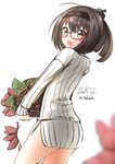  ahoge akizuki_(kantai_collection) bad_id bad_pixiv_id bespectacled black_hair casual dated glasses hachimaki headband kantai_collection looking_at_viewer looking_back nekobaka open_mouth potato red-framed_eyewear ribbed_sweater semi-rimless_eyewear solo sweater twitter_username 