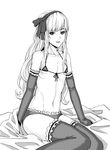  androgynous bad_id bad_pixiv_id bikini_top crossdressing elbow_gloves gloves greyscale hairband lieqi_hun long_hair male_focus moire monochrome navel original otoko_no_ko simple_background sitting solo thighhighs very_long_hair white_background 