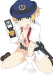  :p badge belt blonde_hair bow bowtie breasts brown_footwear buttons female_service_cap gloves hat kantai_collection kneeling maikaze_(kantai_collection) mzh naked_shirt police_hat shirt shoes short_hair small_breasts socks solo tongue tongue_out truncheon whistle white_gloves 