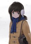  bag black_eyes black_hair casual commentary_request duffel_coat earmuffs ebizome fubuki_(kantai_collection) jacket kantai_collection open_mouth scarf short_ponytail shoulder_bag sidelocks snow solo 