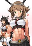  ? abs bare_shoulders black_hair blush breasts brown_hair collar commentary_request ebizome garter_straps gloves green_eyes headgear heart kantai_collection long_hair medium_breasts midriff multiple_girls muscle mutsu_(kantai_collection) nagato_(kantai_collection) navel red_eyes shiny shiny_skin short_hair skirt thighhighs 