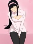  bad_id bad_pixiv_id between_legs black_hair blush breasts cleavage_cutout closed_eyes covered_nipples guila hairband highres long_hair medium_breasts meme_attire nanatsu_no_taizai open-chest_sweater oxp_(okipuu) pantyhose solo sweater v_arms 