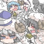  animal_costume black_hair blue_eyes blue_hair hat horns houjuu_nue japanese_clothes kureha_mitsushige mononobe_no_futo multiple_girls ponytail red_eyes sheep sheep_horns silver_hair tatara_kogasa tate_eboshi touhou 