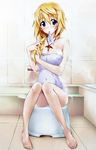  barefoot bathing blonde_hair blue_eyes breasts charlotte_dunois cleavage feet infinite_stratos long_hair sitting sitting_on_object solo steam towel 