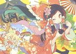  ;) angry black_hair blonde_hair blush_stickers bow bowl box brown_eyes brown_hair chopsticks coin cosplay demon_horns detached_sleeves donation_box drinking eating fan fang flower folding_fan food gourd hair_bow hair_ribbon hair_tubes hakurei_reimu hakurei_reimu_(cosplay) holding horns ibuki_suika japanese_clothes kagami_mochi kimono kirisame_marisa long_hair md5_mismatch messy_hair mochi money morino_hon multiple_girls nontraditional_miko one_eye_closed pointing red_eyes ribbon sarashi shrine smile sweat touhou wagashi yellow_eyes 