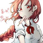  1girl artist_name bow braid food_in_mouth long_hair okazaki_yumemi popsicle red_eyes red_hair shirt solo touhou wadante 