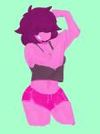  amiokay breasts cleavage clothed clothing crop_top deltarune female hair muscular muscular_female navel pink_hair pink_skin scalie shirt smile susie_(deltarune) sweat thick_thighs 
