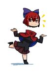  1girl blush_stickers bow cape disembodied_head full_body hair_bow hashiro long_sleeves pleated_skirt red_eyes red_hair sekibanki short_hair shrug simple_background skirt smile solo standing standing_on_one_leg touhou white_background 