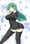  1girl ahoge ass black_legwear blush breasts erect_nipples from_behind green_hair huge_breasts long_hair looking_at_viewer panties pantyshot shiny shiny_skin smile solo thighhighs touhoku_zunko underwear vocaloid yellow_eyes 