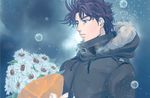  black_hair blue_eyes bouquet bubble flower gamako jacket jojo_no_kimyou_na_bouken joseph_joestar_(young) male_focus solo sparkle sunflower winter_clothes 