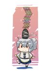  balancing_on_head chibi hashiro hat japanese_clothes kariginu mononobe_no_futo object_on_head plate ponytail ribbon short_hair silver_hair skirt smile solo standing standing_on_one_leg tate_eboshi touhou 