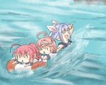  blue_hair closed_eyes commentary hair_ornament hair_ribbon hand_wave i-168_(kantai_collection) i-19_(kantai_collection) i-58_(kantai_collection) innertube kantai_collection long_hair multiple_girls ocean partially_submerged pink_hair ponytail ribbon school_swimsuit short_hair smile swimming swimsuit taisa_(kari) triangle_mouth twintails waving |_| 