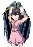  animal_ears arms_behind_head bamboo black_hair bunny bunny_ears carrot carrot_necklace closed_eyes dress grin hashiro inaba_tewi jewelry pendant pink_dress short_hair smile solo touhou 