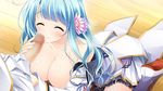  1girl areolae blue_hair blush breasts caressing_testicles censored collarbone eyes_closed flower game_cg hair_ornament imminent_fellatio jogasaki_kanade kimishima_ao kneeling large_breasts legs long_hair looking_up mitsu_king no_bra open_clothes otome_ga_kanaderu_koi_no_aria penis shoes sitting skirt thighs wooden_floor zinno 