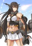  abs armpits black_hair collar commentary_request ebizome headgear kantai_collection long_hair midriff nagato_(kantai_collection) navel red_eyes skirt solo toned 