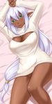  arms_up blush breasts cleavage dark_elf dark_skin elf green_eyes groin highres large_breasts long_hair long_sleeves looking_at_viewer low-tied_long_hair lying meme_attire naked_sweater no_panties on_back open-chest_sweater open_clothes original pointy_ears shuugetsu_karasu solo sweater very_long_hair 