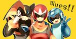  3boys android blues_(rockman) character_name english forte_(rockman) frown grin helmet multiple_boys pink_usagi rockman rockman_(character) scarf simple_background smile sunglasses sweatdrop yellow_background yellow_backgrouns 
