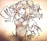  !! 1girl artist_name bandage bun_cover chinese_clothes double_bun flower ibaraki_kasen monochrome open_mouth pink_hair rose short_hair sketch solo tabard touhou traditional_media wadante 