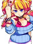  asymmetrical_hair bare_shoulders blue_eyes bracelet breasts choker cleavage earrings galko hand_on_hip jewelry large_breasts long_hair middle_finger nail_polish off-shoulder_sweater one_side_up oshiete!_galko-chan pants ribbed_sweater scrunchie side_bun solo stud_earrings sweater yagisawa_(kpr) 