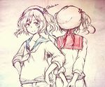  2girls alternate_color anchor_hair_ornament arms_behind_back artist_name dual_persona hair_ornament hands_on_hips hat kitashirakawa_chiyuri monochrome multiple_girls neckerchief player_2 sailor sailor_collar sailor_hat short_hair sketch smile spot_color touhou touhou_(pc-98) traditional_media twintails wadante 