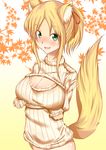  animal_ears blonde_hair blush bottomless breast_hold breasts cleavage cleavage_cutout dog_days fox_ears fox_tail green_eyes heart heart-shaped_pupils highres large_breasts leaf long_hair looking_at_viewer meme_attire open-chest_sweater open_mouth ponytail solo sweater symbol-shaped_pupils tail yukikaze_panettone 