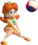  blue_eyes crown earrings jewelry official_art orange_hair princess_daisy shorts super_mario_bros. super_mario_land volleyball 