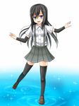  arm_warmers asashio_(kantai_collection) black_hair black_legwear blouse blue_eyes full_body hanazome_dotera kantai_collection long_hair open_mouth pleated_skirt ripples school_uniform short_sleeves skirt solo suspenders thighhighs water 