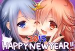  2girls ;d bad_id bad_pixiv_id blue_eyes blue_hair blush crescent crescent_hair_ornament fang hair_ornament happy_new_year highres kantai_collection long_hair multiple_girls new_year one_eye_closed open_mouth red_eyes red_hair rom short_hair_with_long_locks smile uzuki_(kantai_collection) v yayoi_(kantai_collection) 