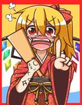  :d alternate_costume blush bow fangs feiton flandre_scarlet hair_bow hair_ribbon hanetsuki holding japanese_clothes kimono laughing long_hair looking_at_viewer open_mouth pointing pointing_at_viewer ribbon side_ponytail smile solo tears touhou wings 
