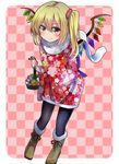  alternate_costume black_legwear blonde_hair boots brown_footwear checkered checkered_background flandre_scarlet fur_boots japanese_clothes looking_at_viewer pantyhose red_eyes scarf short_hair side_ponytail smile solo touhou wings zuma 