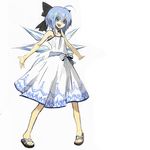  ahoge alternate_costume banpai_akira cirno dress koumajou_densetsu koumajou_densetsu_1 ribbon sandals short_hair solo sundress touhou 