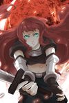  bad_id bad_pixiv_id copyright_request fingerless_gloves gloves green_eyes long_hair midriff natuwaya navel red_hair solo sword weapon 