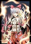  bow fire fujiwara_no_mokou hair_ribbon highres long_hair red_eyes ribbon shino_(moment) silver_hair solo suspenders touhou 