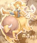  blonde_hair boots cowboy_hat gen_1_pokemon green_eyes hat overalls pokemon pokemon_(creature) rope solo spurs tauros twintails western yapo_(mess) 