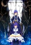  1girl bad_id bad_pixiv_id blue_hair book brother_and_sister chair cross crown dhiea dhiea_seville dress flower mo_seville necktie pause siblings sitting smile window yellow_eyes 