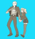  1girl bad_id bad_pixiv_id couple haji_(dlr6a) height_difference hetero holding_hands kujikawa_rise legs persona persona_4 red_hair school_uniform simple_background skull smile tatsumi_kanji thighhighs twintails 